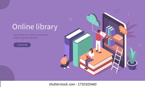 Student Characters Learning Online At Home. Character Reading Book In Online Library And Studying With Smartphone. Mobile Education Concept. Flat Isometric Vector  Illustration.