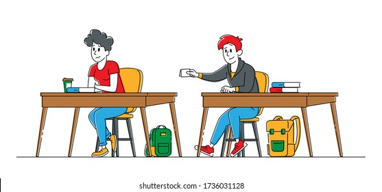 Student Characters on Lesson Man Giving Paper Note to Girl Sitting at Next Desk Listening and Writing Lecture. Gaining Knowledge and Higher Education, Examination. Linear People Vector Illustration