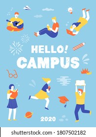 Student characters showing various activities on campus life. knowledge, relaxation, education, Information, university concept. Young people with gadgets and books. illustration vector flat design