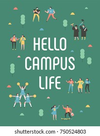 Student Characters Showing Various Activities On Campus Life. Park Background Poster Concept Illustration Vector Flat Design