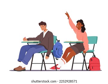 Student Characters Sitting at Desk with Textbook Raising Hand in Classroom, Girl Answer Lesson, Boy Writing in Notebook. Pupils Studying, Gaining Knowledge and Education. Cartoon Vector Illustration