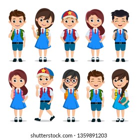 Student characters vector set. School kids cartoon characters wearing school uniform with various poses and gestures for education related design elements. Vector illustration.
