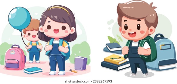 Student characters vector set. School kids characters wearing school uniform with various poses and gestures for education related design elements. Vector illustration.