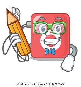 Student charcter mp3 player above wooden table