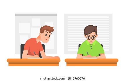 A student cheating his friend during an exam