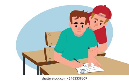 A student cheating his friend during an exam. 
