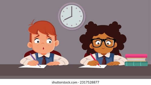 
Student Cheating on a Test Copying from Classmate Vector Cartoon Illustration. Cheating classmate trying to steal the work of another pupil
