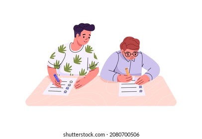 Student cheating. School boys during test. Cheater pupil on exam. Schoolkid copy answers from nerd classmate. Schoolchildren with papers on examination. Flat vector illustration isolated on white