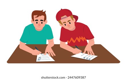 Estudiante haciendo trampa. Escolares durante el examen. Alumno tramposo en examen. Escolar copia respuestas de compañero de clase nerd. Escolares con papeles en examen. Ilustración vectorial plana aislada en blanco.