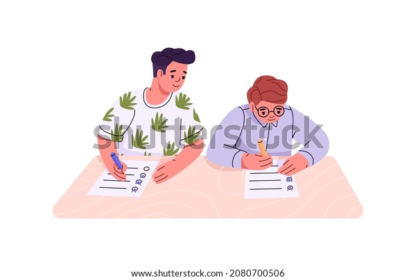 Student cheating. School boys during test. Cheater\
pupil on exam. Schoolkid copy answers from nerd classmate.\
Schoolchildren with papers on examination. Flat vector illustration\
isolated on white