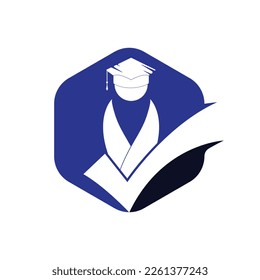 Estudiante y marca de verificación icono y diseño de logotipo. Plantilla de diseño del logotipo del vector educativo e institucional.	