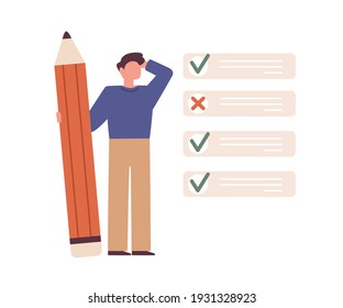 Student checking his test or exam result. Education and studying concept. Person and list with selected correct and wrong answers. Colored flat vector illustration isolated on white background