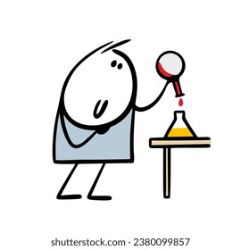 Student at chemistry lesson in classroom pours out liquid, mixes   ingredients. Vector doodle illustration of  chemist scientist puts tests in cartoon laboratory. Hand drawn stickman isolated.