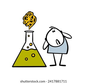 Estudiante en clases de química realiza un experimento en el laboratorio. Pegatinas gráficas vectoriales mezclando líquidos en un matraz de vidrio. La reacción química es humo y hervir. Aislado sobre fondo blanco.