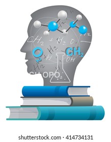 Student of chemistry.
 Male haed silhouette with chemistry symbols and formulas. Vector available.
