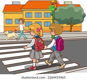 student children crossing pedestrian crossing going to school