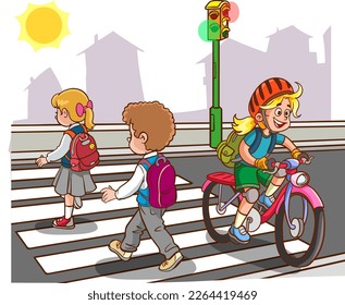 student children crossing pedestrian crossing going to school