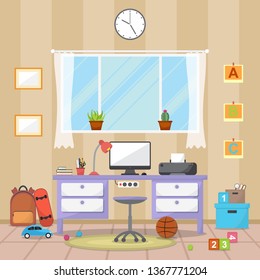 Student Children Study Desk Table Interior Room Furniture Flat Design