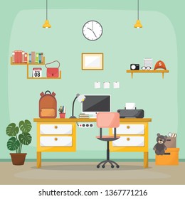 Student Children Study Desk Table Interior Room Furniture Flat Design