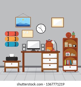 Student Children Study Desk Table Interior Room Furniture Flat Design