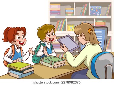 student children taking a book from the library cartoon vector