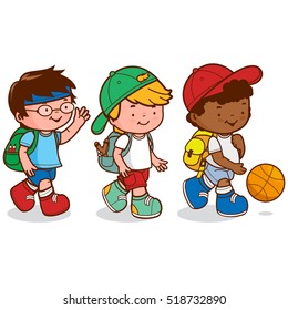 Student children walking with backpacks. Vector illustration
