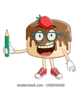 Student of chocolate pudding cartoon character holding a pencil with funny smile face