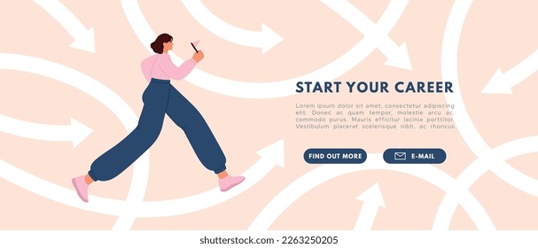 Student choose career growth path. Woman making choices, decisions, life path.Business concept. Flat vector illustration