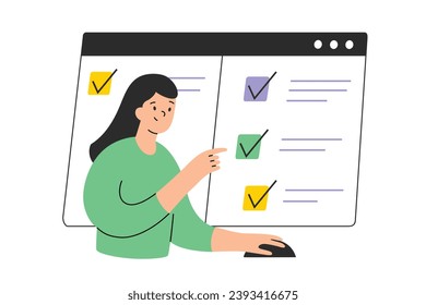 Student choosing answers in online test, quiz interface on screen, vector illustration of checkboxes, checkmarks, cartoon woman passing internet exam on computer, online education concept