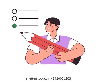 Student choosing, marking correct answer in test. Learner with pencil at school exam, academic examination. Study, education, knowledge concept. Flat vector illustration isolated on white background.