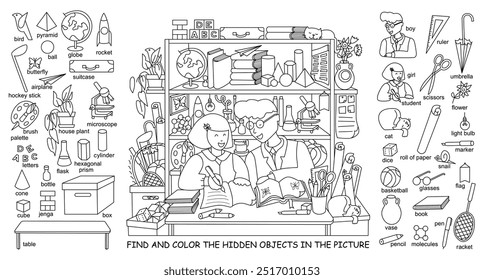 Student in the classroom. Find and color hidden objects in the picture. Girl and boy are siting on a school bench and studying. Puzzle Hidden Items. Lesson. Funny cartoon sketch vector illustration