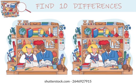 Estudante na sala de aula. Descubra as diferenças na imagem. Menina e menino estão sentados em um banco de escola e estudando. Lição. Engraçado personagem de desenho animado. Ilustração do vetor de esboço