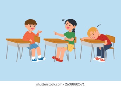 student in classroom lack of interest in learning, boy and girl talking loudly in classroom, one boy sleeping on student's desk at the class