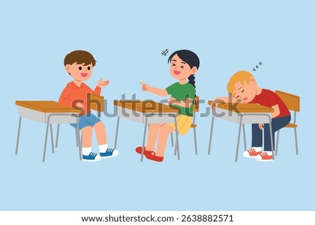student in classroom lack of interest in learning, boy and girl talking loudly in classroom, one boy sleeping on student's desk at the class