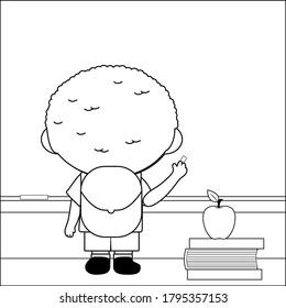 Student in the classroom at school writing on the chalkboard. Vector black and white coloring page.