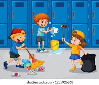 Student cleaning the hallway illustration