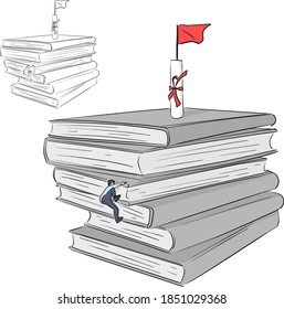 student climbing big books with folded diploma and red flag goal on the top vector illustration sketch doodle hand drawn with black lines isolated on white background