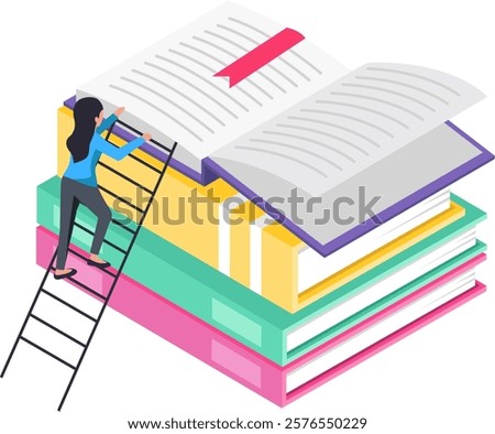 Student climbing a ladder to reach a large open book placed on top of a stack of colorful books, symbolizing the pursuit of knowledge and academic achievement