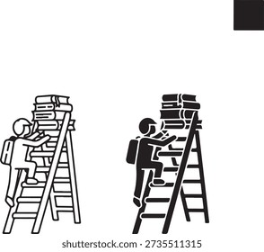 Student Climbing on ladders, each engaged in the task of organizing stacks of books. isolated on white background, illustration