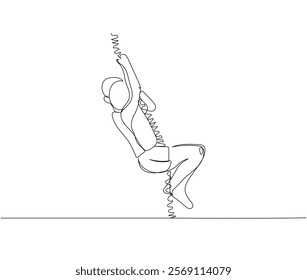 student climbing a rope, physical education lesson, sports one line art. Continuous line drawing of online knowledge, learning, education, teaching, physical education, student life
