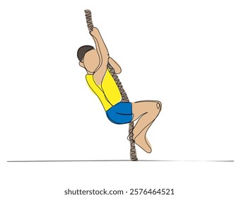 student climbing a rope, physical education lesson, sports one line color art. Continuous line drawing of online knowledge, learning, education, teaching, physical education, student life