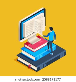 Student climbing a stack of books, reaching for an open book displayed on a computer screen, symbolizing the journey of online education and the pursuit of knowledge