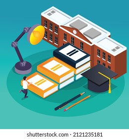 Student Climbing Stairs Of Books To School 3D Isometric Vector Concept For Banner, Website, Illustration, Landing Page, Flyer, Etc