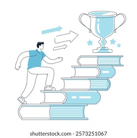 Student climbs stacks of books towards his goal. Male businessman climbs steps to award. Education, learning concept