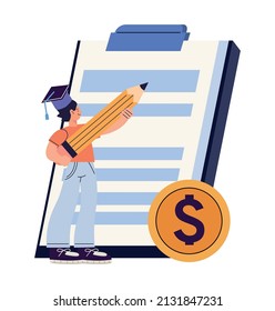 estudiante con portapapeles y moneda