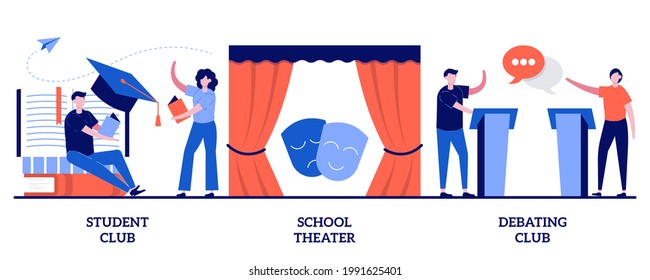 Student club, school theater, debating competition concept with tiny people. After-school activity vector illustration set. Public speaking, drama class, college campus event, communication metaphor.