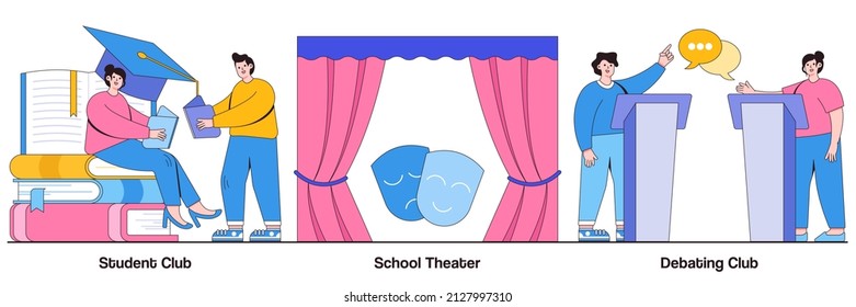 Student club, school theater, debating competition concept with people characters. After-school activity illustration pack. Public speaking, drama class, college campus event, communication metaphor.