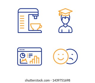 Student, Coffee machine and Seo statistics icons simple set. Like sign. Graduation cap, Cappuccino machine, Analytics chart. Social media dislike. Business set. Linear student icon. Vector