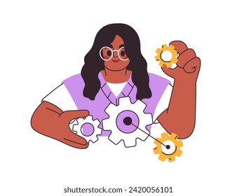 Student with cogwheels, gears in hands. Girl learner studying, learning cog wheels system, technology, engineering. Education concept. Flat graphic vector illustration isolated on white background.