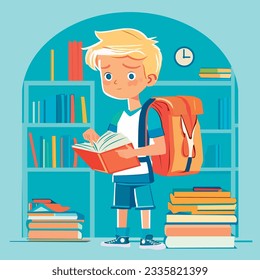 A student collects books in a backpack at home. The boy is wearing a backpack behind his back, holding a book in his hands. In the room where the student is located, there are many shelves with books.